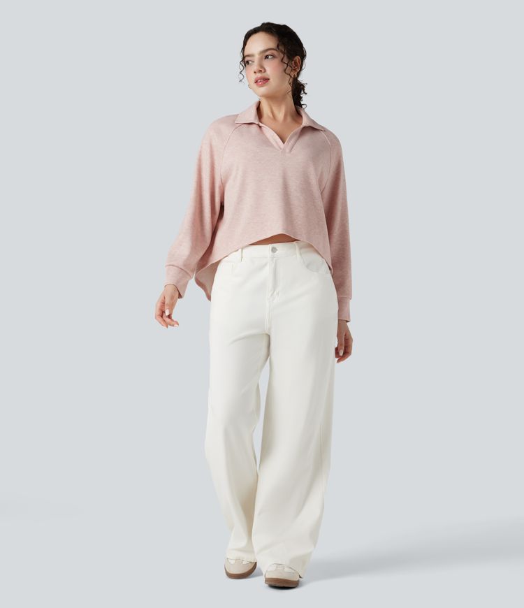 Sweat-shirt col tailleur manches raglan longues ourlet asymétrique coupe décontractée