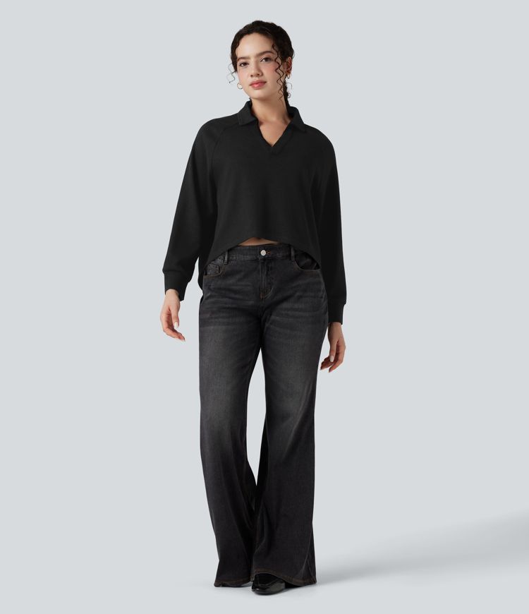 Sweatshirt mit Reverskragen und Raglanärmeln, langärmlig, High‑Low‑Saum, locker und lässig Sweatshirt mit Reverskragen und Raglanärmeln, langärmlig, High‑Low‑Saum, locker und lässig