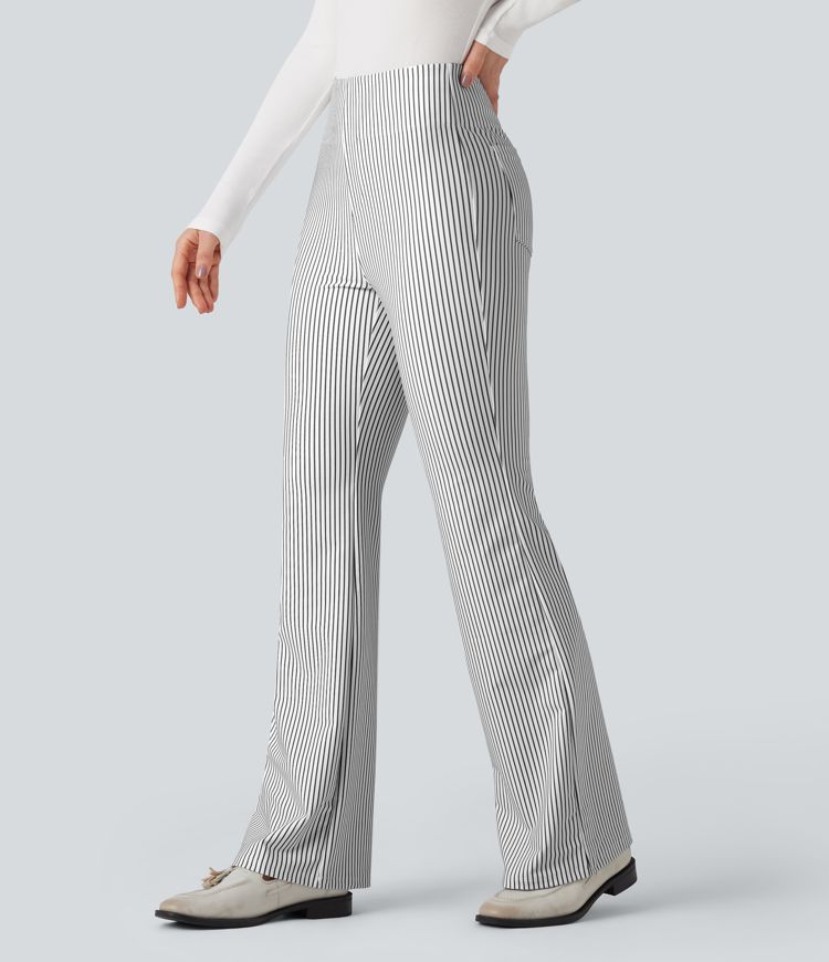 Pantalones acampanados de trabajo de talle alto a rayas con bolsillos