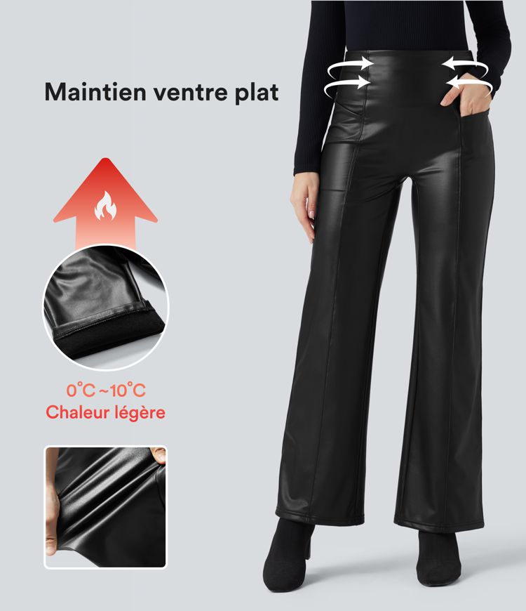 High Waisted Tummy Control Stretchy PU Fleece Casual Flare Pants with Pockets