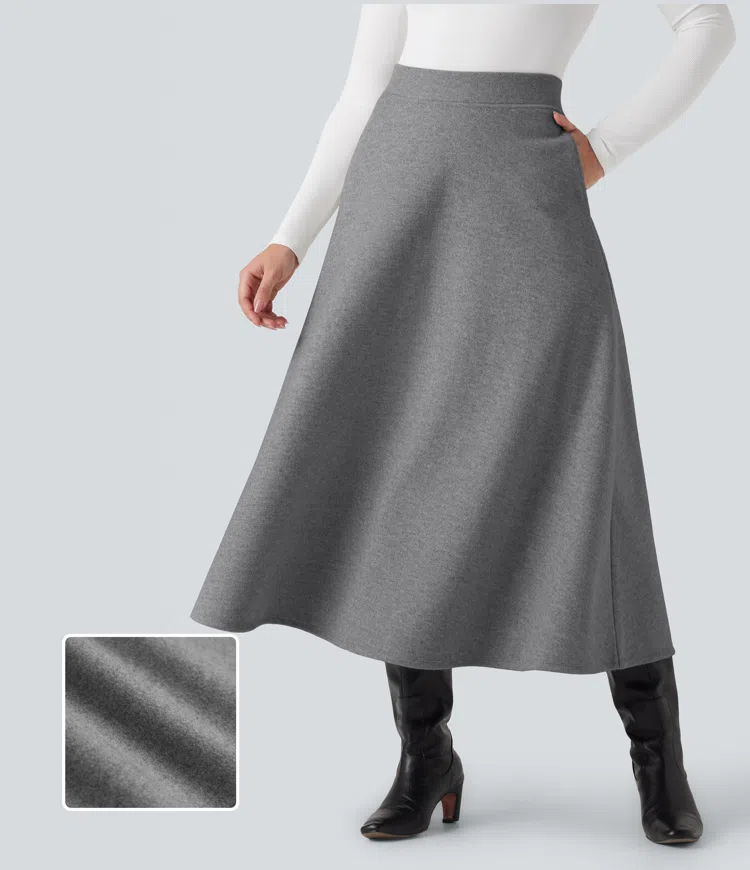 Charcoal Grey Jupe midi taille haute en polaire, coupe trapèze décontractée, avec poches / 2