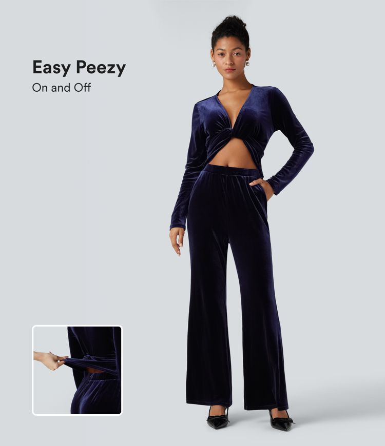 Deep V-neck Long Sleeve Twisted Tie Back Velvet Party Jumpsuit with Pockets-Easy Peezy