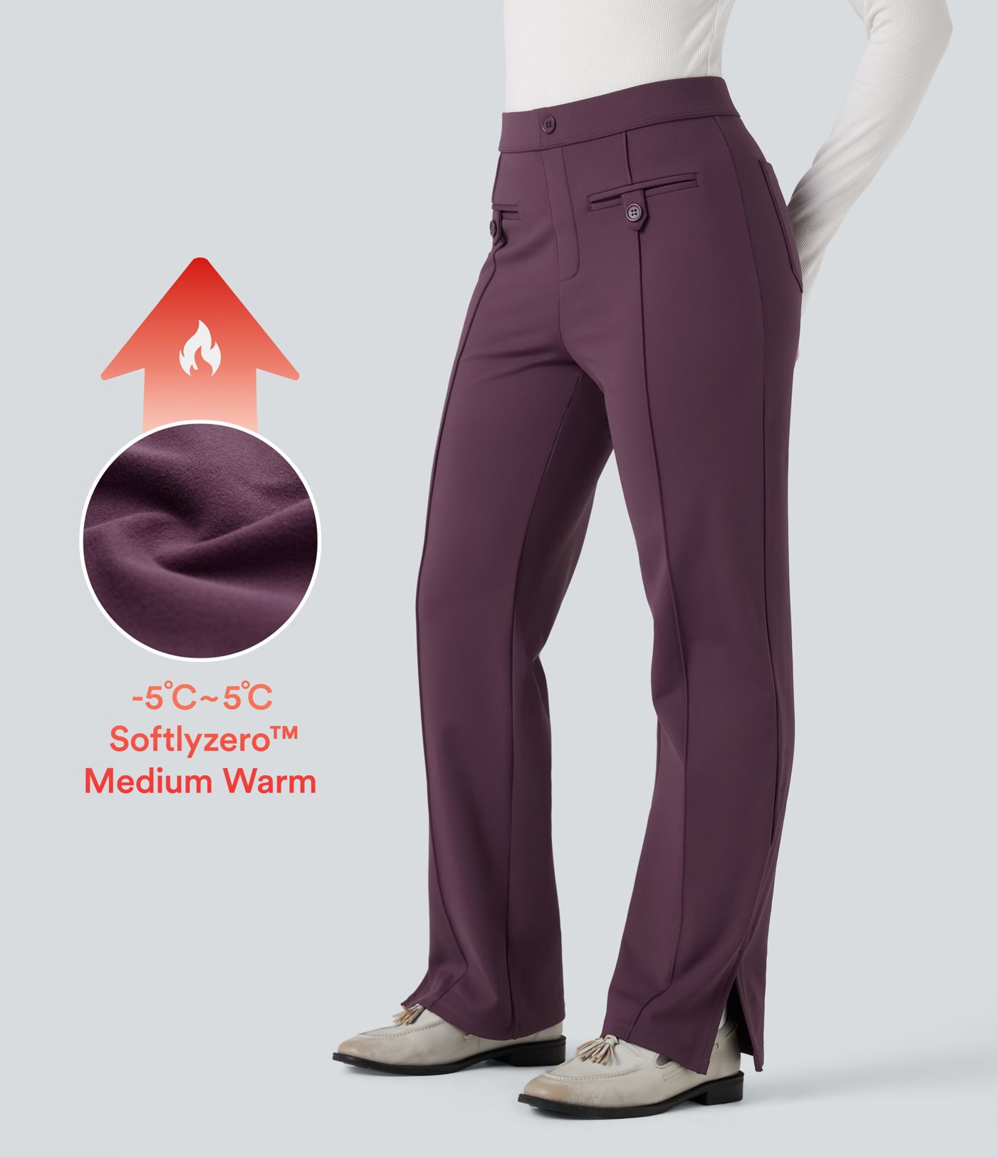 SoftlyZero™ Plush Thermal Mid Rise Split Hem Straight Leg Work Pants with Pockets
