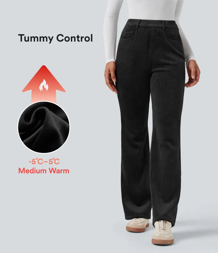 Schwarz Lässige, ausgestellte Cordhose aus Fleece mit hohem Bund, mehreren Taschen und Bauchkontrolle / 1