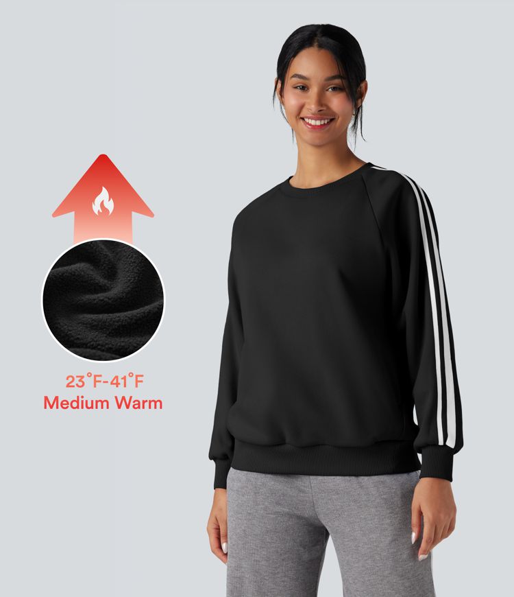 Round Neck Long Sleeve Color Block Fleece Casual Sweatshirt with Pockets