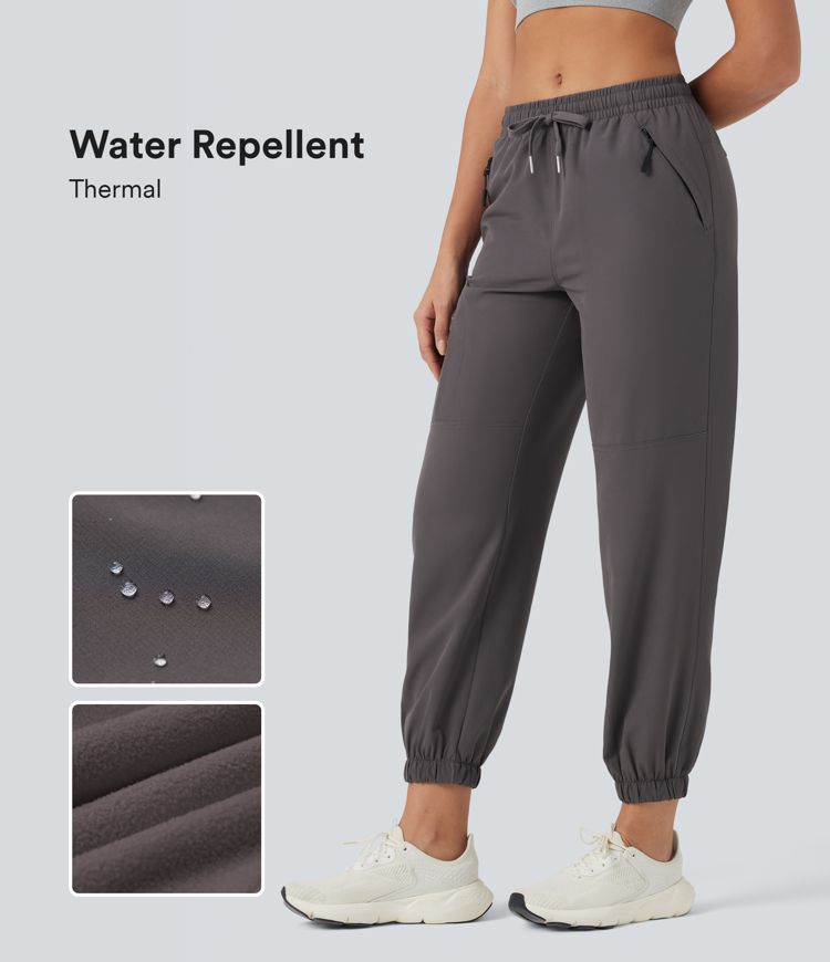 Water Repellent Wear-Resistant Mid Rise Drawstring Thermal Hiking Cargo Joggers with Zip Pockets