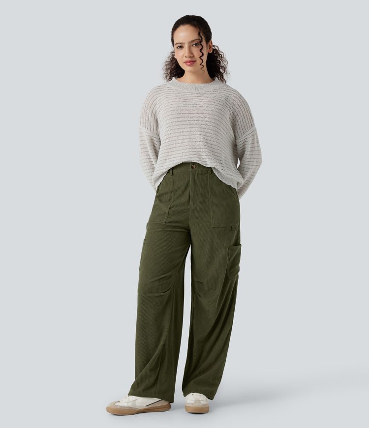 High Waisted Straight Leg Corduroy Casual Pants with Pockets