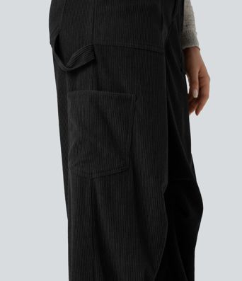 Pantalones casual de pana de talle alto y pierna recta con bolsillos