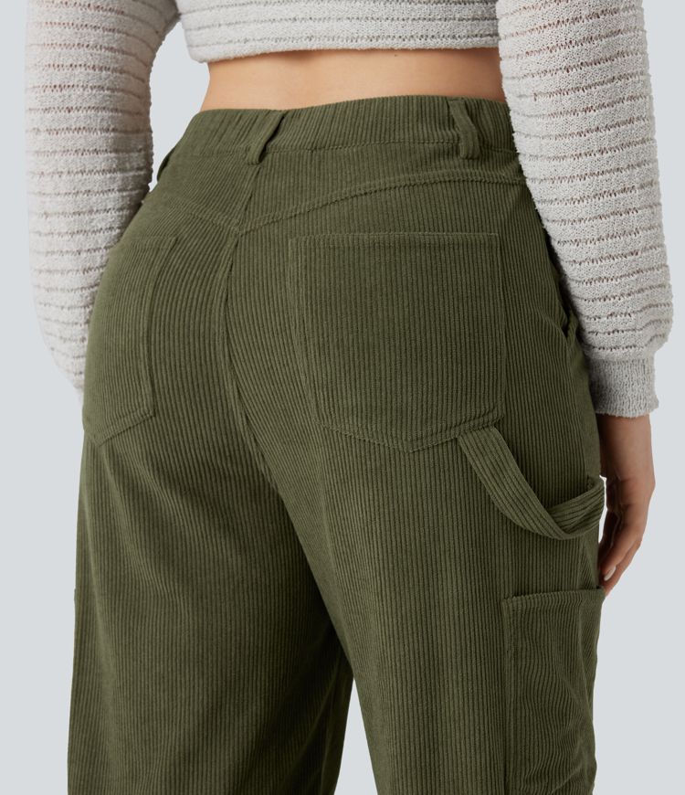 High Waisted Straight Leg Corduroy Casual Pants with Pockets