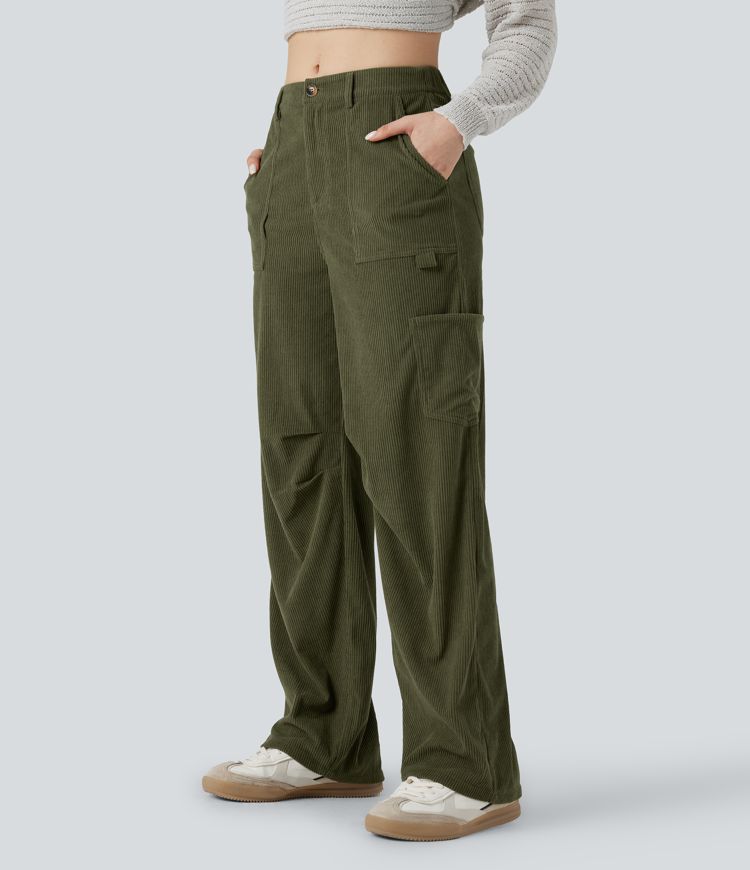 High Waisted Straight Leg Corduroy Casual Pants with Pockets