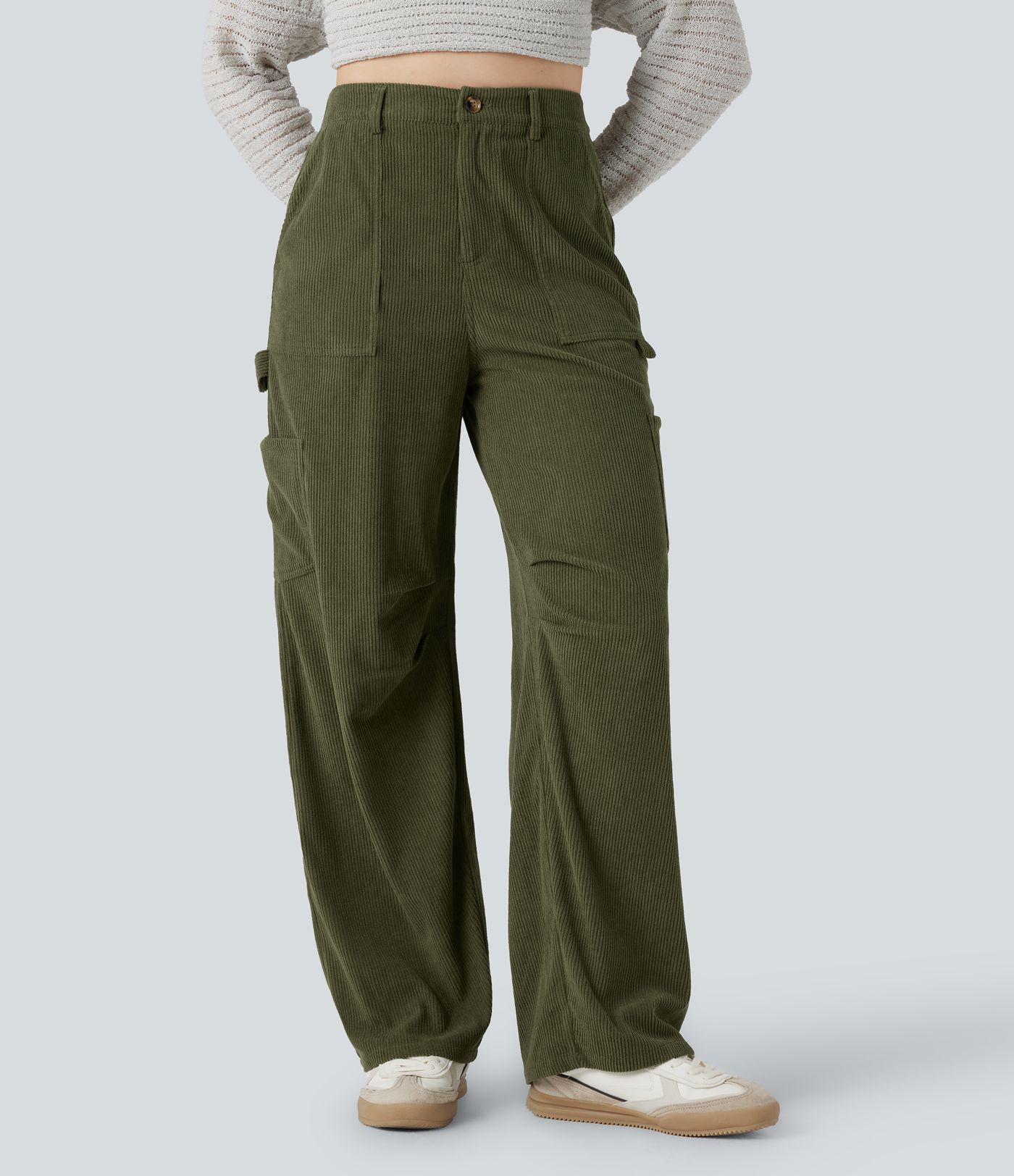 High Waisted Straight Leg Corduroy Casual Pants with Pockets