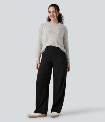 Pantalones casual de pana de talle alto y pierna recta con bolsillos