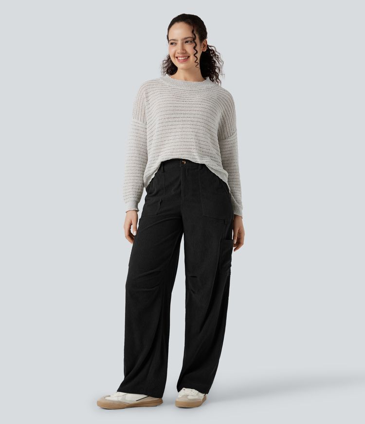 Pantalones casual de pana de talle alto y pierna recta con bolsillos