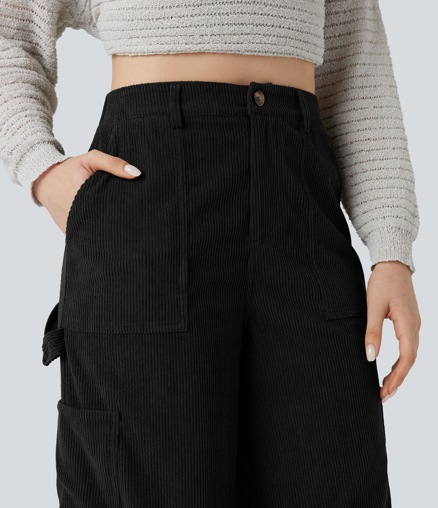 Pantalones casual de pana de talle alto y pierna recta con bolsillos