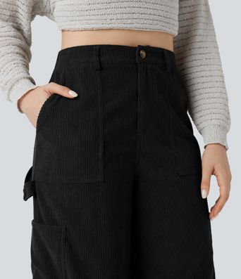 Pantalones casual de pana de talle alto y pierna recta con bolsillos