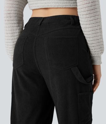 Pantalones casual de pana de talle alto y pierna recta con bolsillos