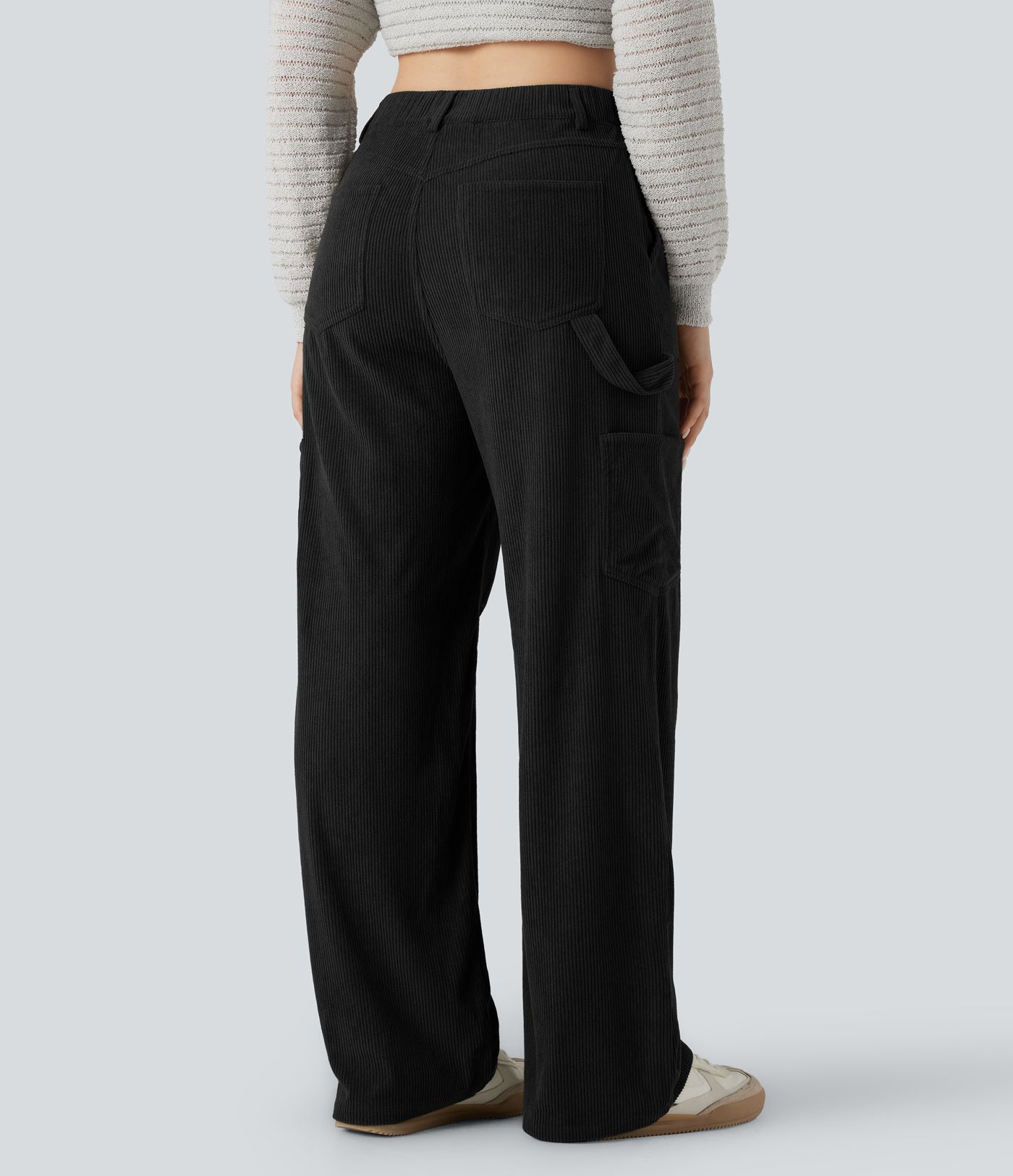 Pantalones casual de pana de talle alto y pierna recta con bolsillos