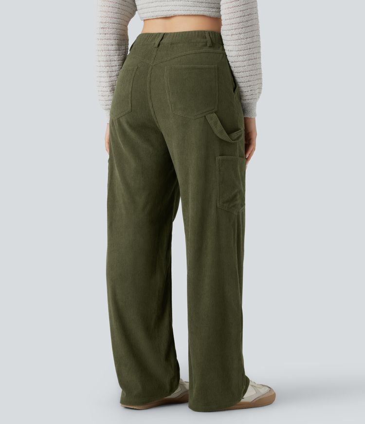 High Waisted Straight Leg Corduroy Casual Pants with Pockets