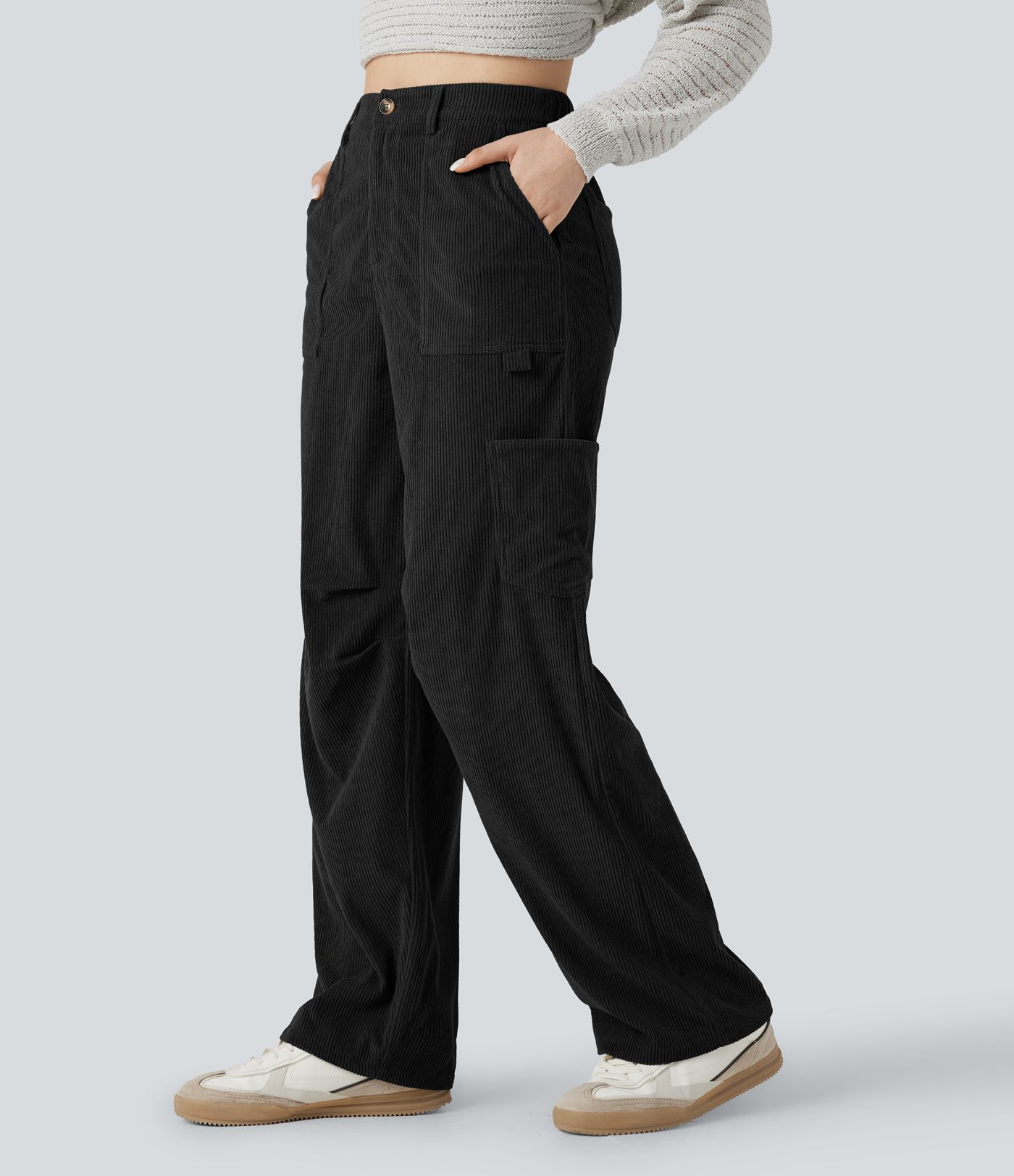 Pantalones casual de pana de talle alto y pierna recta con bolsillos