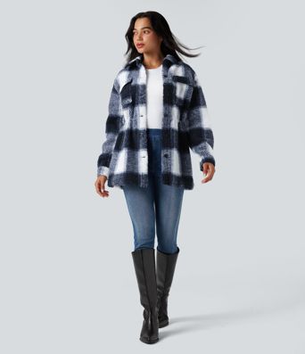 Lässige Sherpa-Jacke mit Seitentaschen, langen Ärmeln, innerem Kordelzug und Karomuster