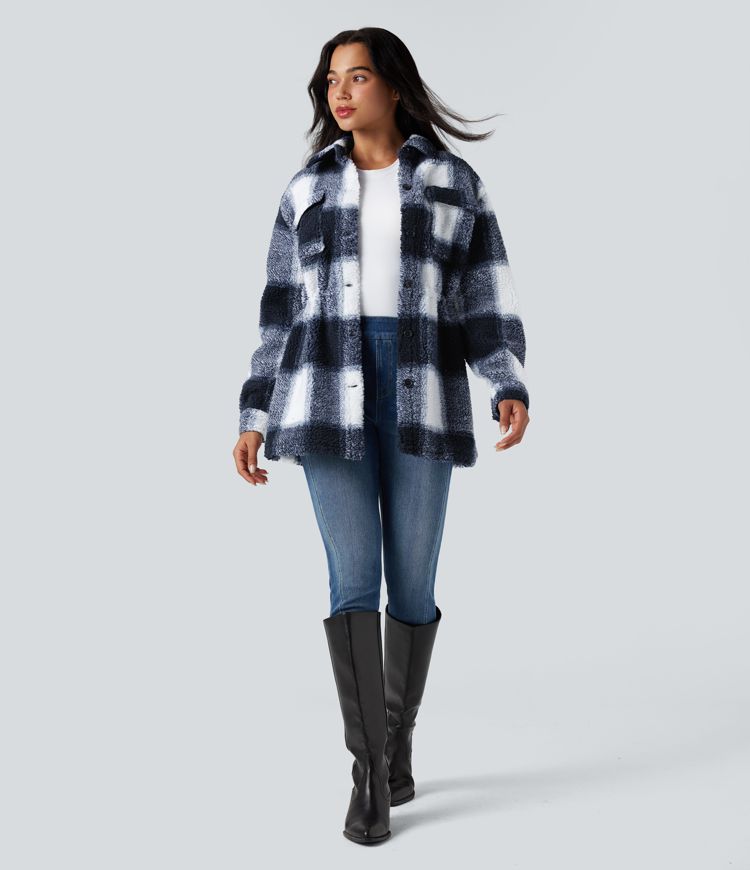 Lässige Sherpa-Jacke mit Seitentaschen, langen Ärmeln, innerem Kordelzug und Karomuster