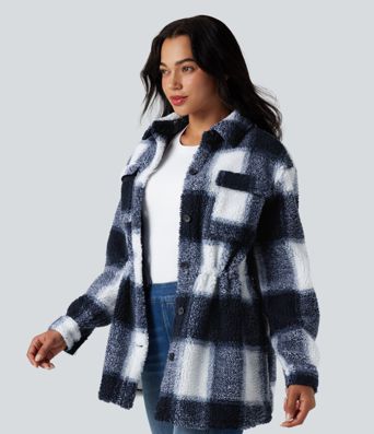 Lässige Sherpa-Jacke mit Seitentaschen, langen Ärmeln, innerem Kordelzug und Karomuster