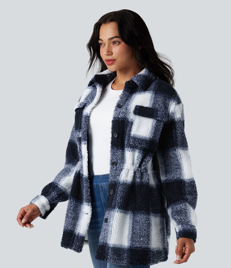 Lässige Sherpa-Jacke mit Seitentaschen, langen Ärmeln, innerem Kordelzug und Karomuster