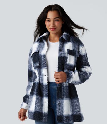 Lässige Sherpa-Jacke mit Seitentaschen, langen Ärmeln, innerem Kordelzug und Karomuster