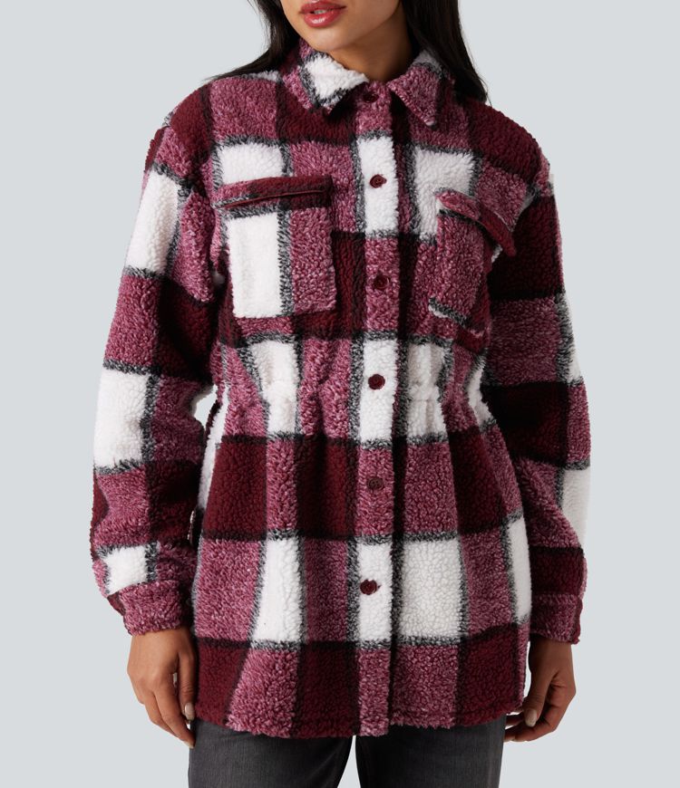 Veste sherpa carreaux manches longues avec cordon de serrage intérieur et poches