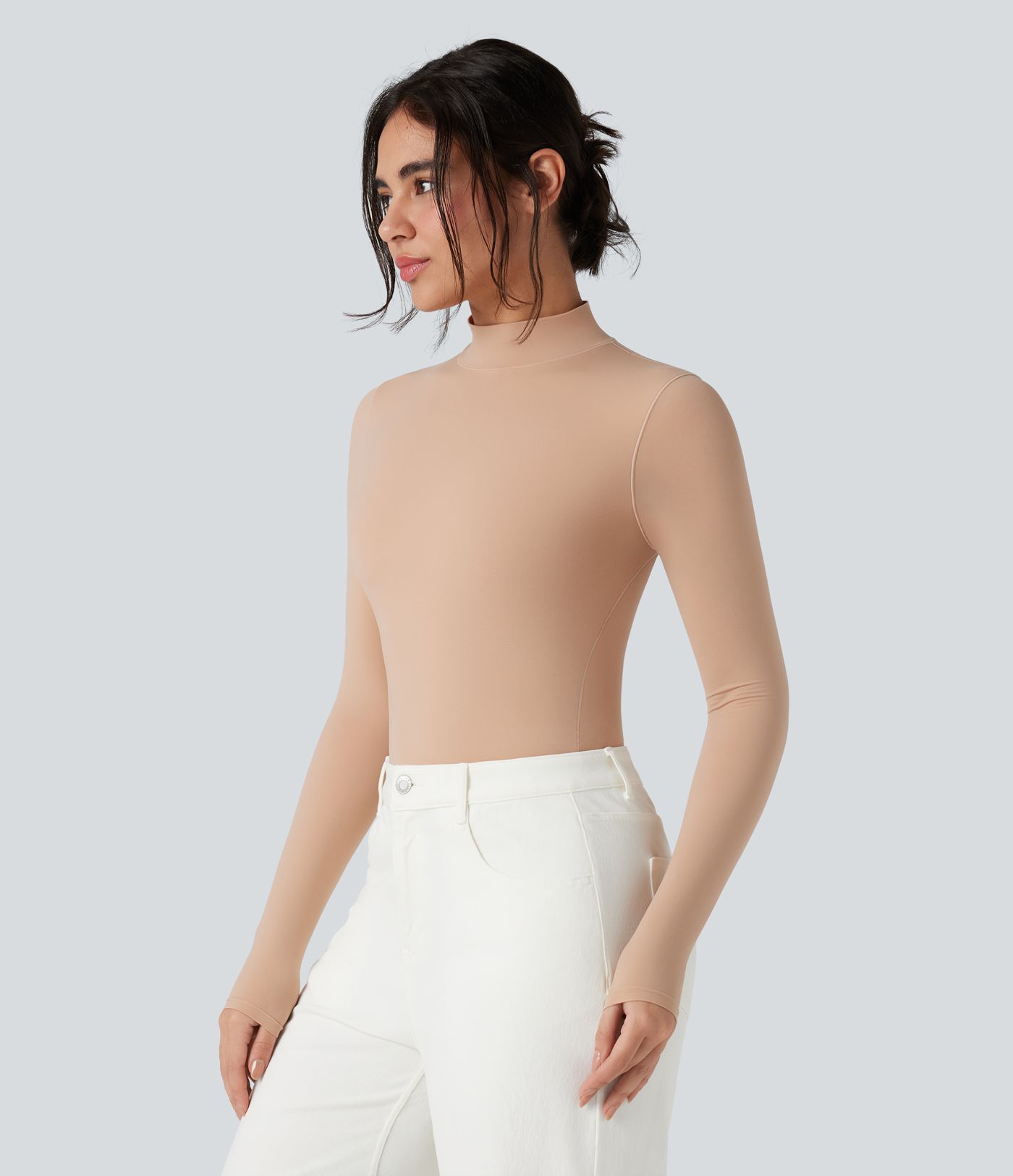 High Stretch Skin Friendly Mock-neck Long Sleeve Skinny Casual Bodysuit