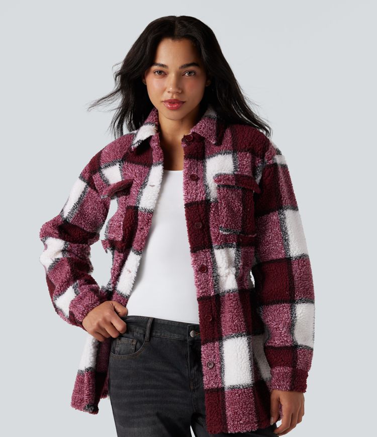 Veste sherpa carreaux manches longues avec cordon de serrage intérieur et poches