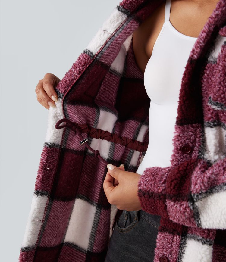 Veste sherpa carreaux manches longues avec cordon de serrage intérieur et poches