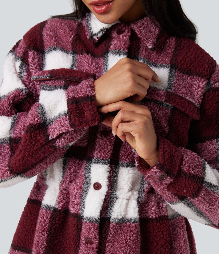 Veste sherpa carreaux manches longues avec cordon de serrage intérieur et poches