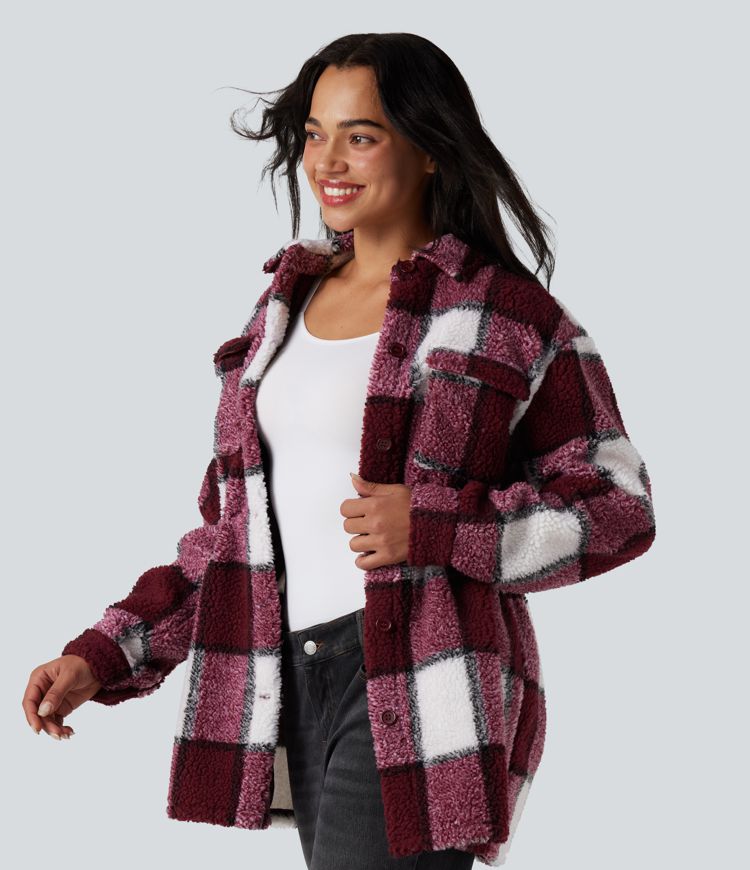 Veste sherpa carreaux manches longues avec cordon de serrage intérieur et poches