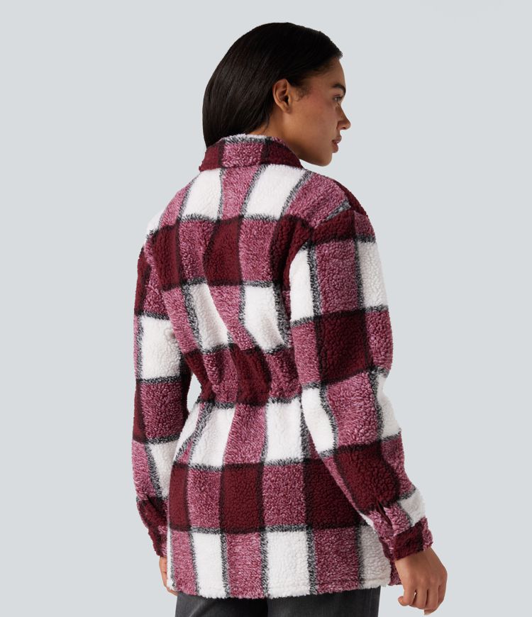 Veste sherpa carreaux manches longues avec cordon de serrage intérieur et poches