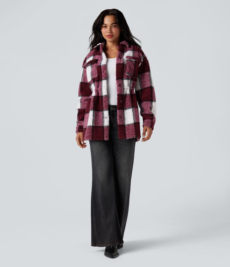 Veste sherpa carreaux manches longues avec cordon de serrage intérieur et poches