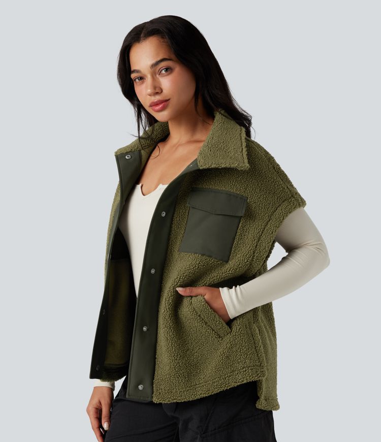 Gilet sherpa randonnée color block col montant manches courtes avec poches