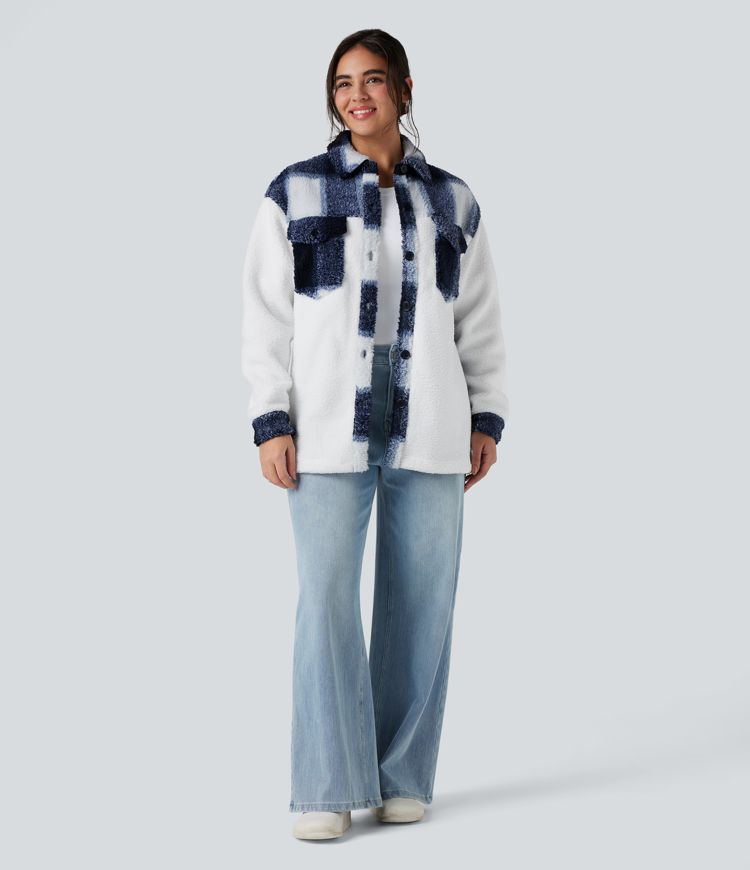 Veste sherpa carreaux color block manches longues avec poches