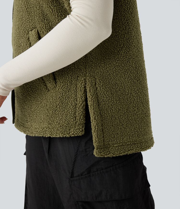 Stand Collar Cap Sleeve Color Block Hiking Sherpa Vest with Pockets