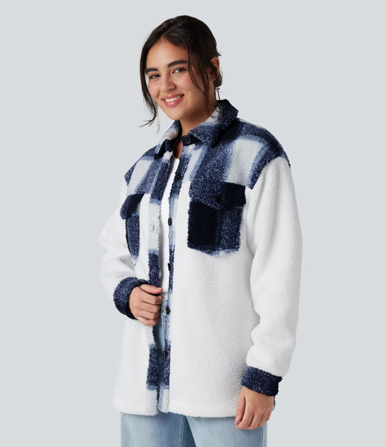 Veste sherpa carreaux color block manches longues avec poches