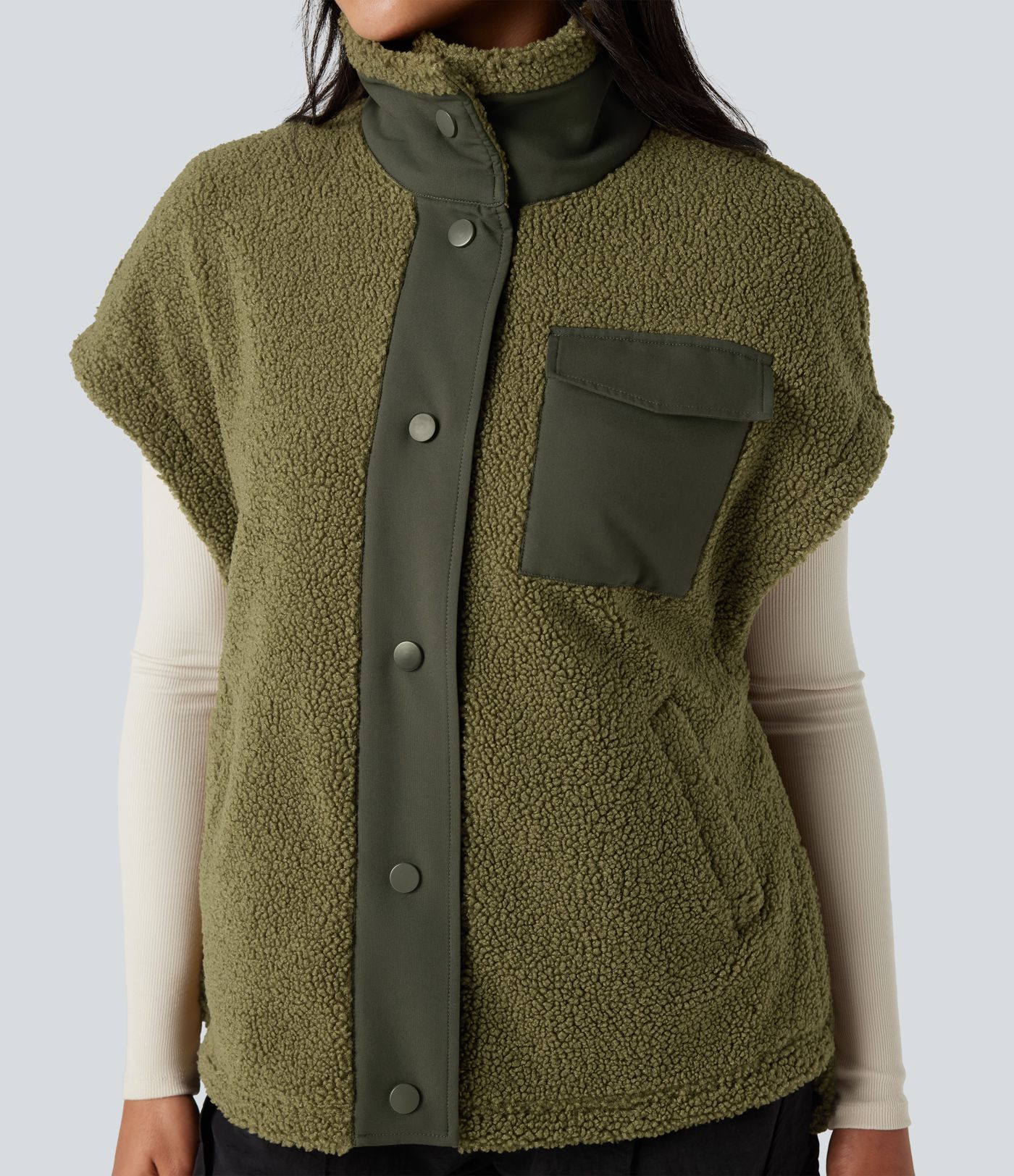 Gilet sherpa randonnée color block col montant manches courtes avec poches