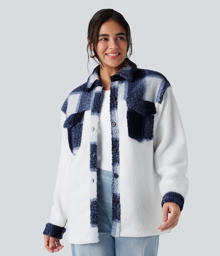 Veste sherpa carreaux color block manches longues avec poches