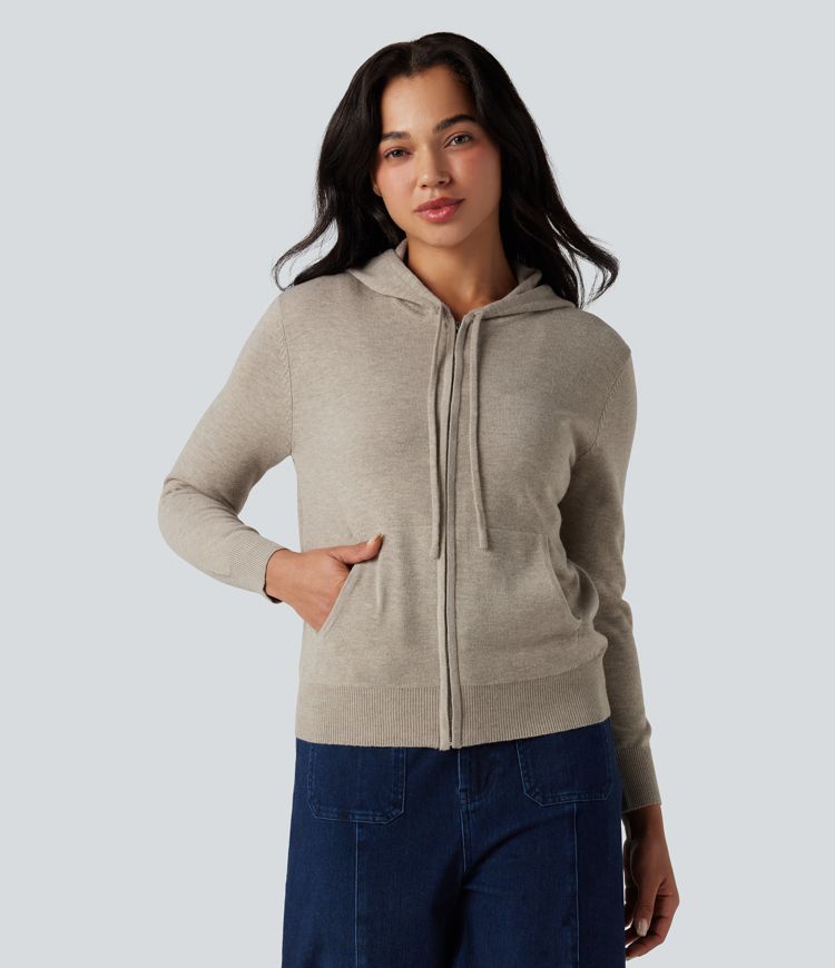 Hooded Drawstring Long Sleeve Zipper Casual Cardigan with Pockets