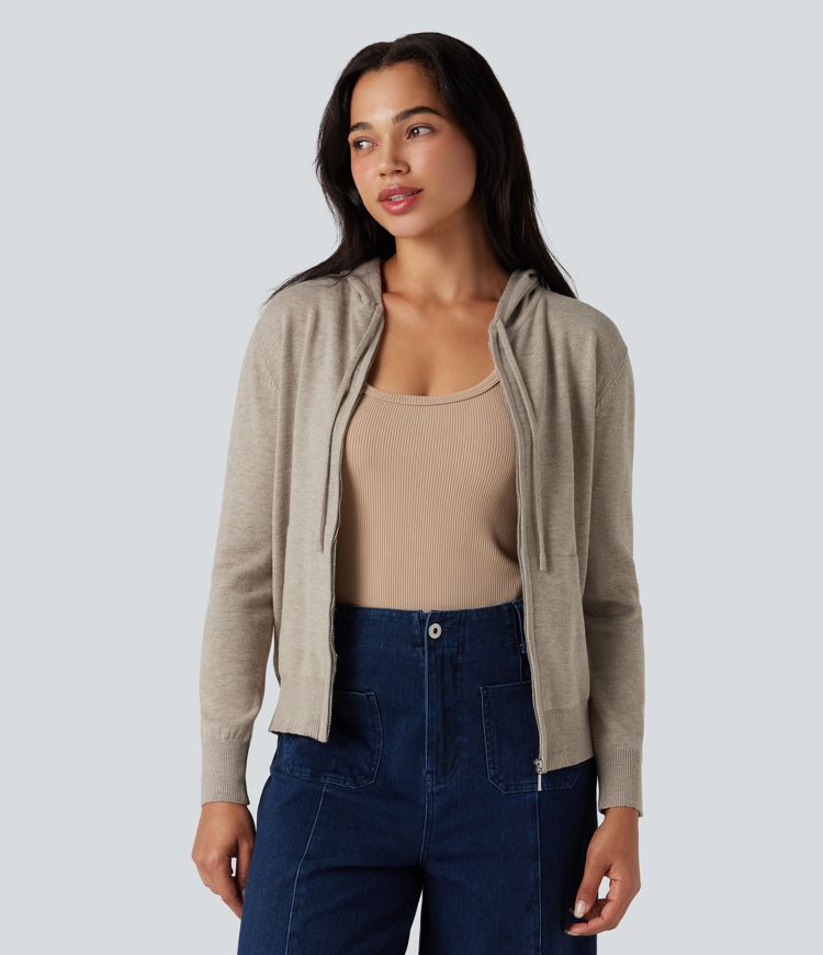 Hooded Drawstring Long Sleeve Zipper Casual Cardigan with Pockets