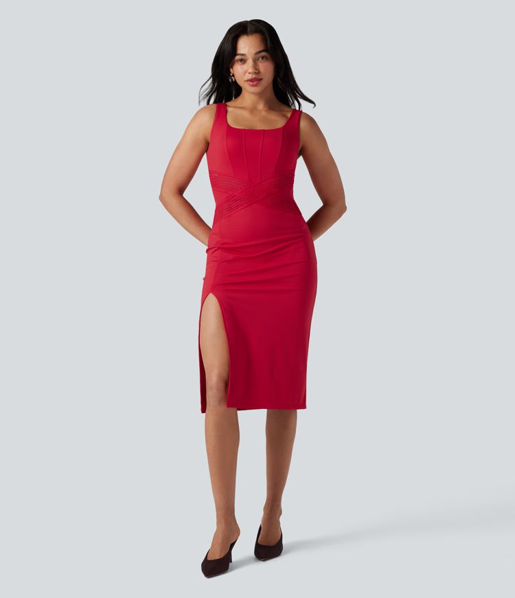 SoftlyZero™ Airy Square Neck Sleeveless Cut-out Split Bodycon Midi Party Dress-UPF50+