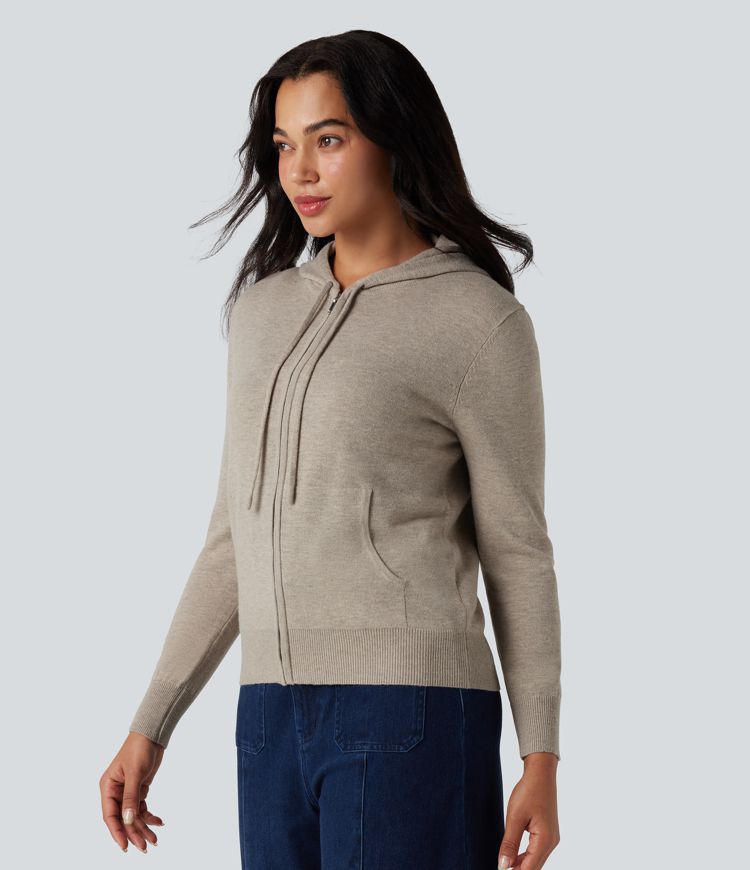 Hooded Drawstring Long Sleeve Zipper Casual Cardigan with Pockets