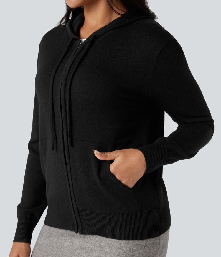 Hooded Drawstring Long Sleeve Zipper Casual Cardigan with Pockets