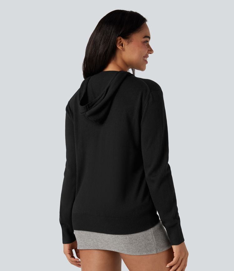 Hooded Drawstring Long Sleeve Zipper Casual Cardigan with Pockets