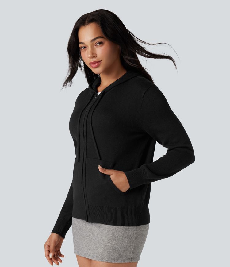 Hooded Drawstring Long Sleeve Zipper Casual Cardigan with Pockets