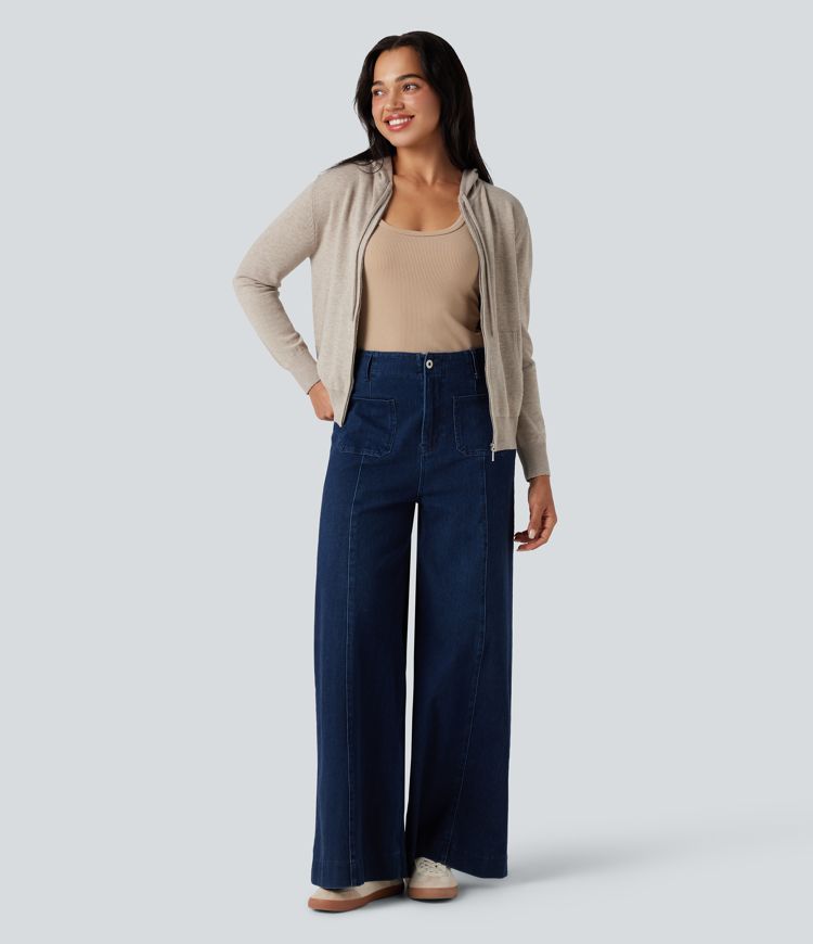 Hooded Drawstring Long Sleeve Zipper Casual Cardigan with Pockets